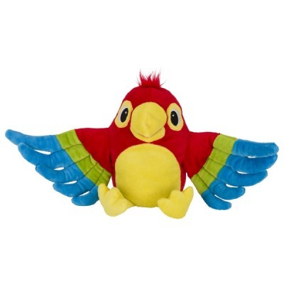 Pelúcia de papagaio vermelho, amarelo, azul e verde sobre fundo branco