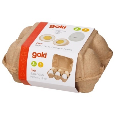 Embalagem de ovos de brinquedo goki em caixa de cartão com rótulo branco e vermelho