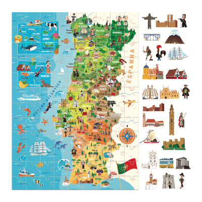 Mapa ilustrado colorido de Portugal com elementos culturais e monumentos