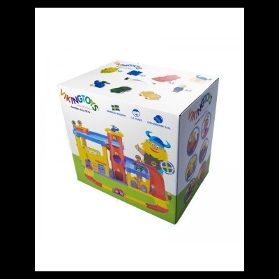 Caixa de brinquedo Viking Toys colorida em cartão com várias ilustrações e textos em sueco e inglês.