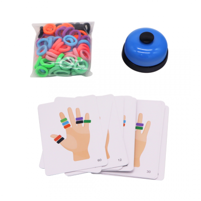 Cartas com desenhos de mãos e elásticos coloridos, sino azul e pacotinho com elásticos coloridos.