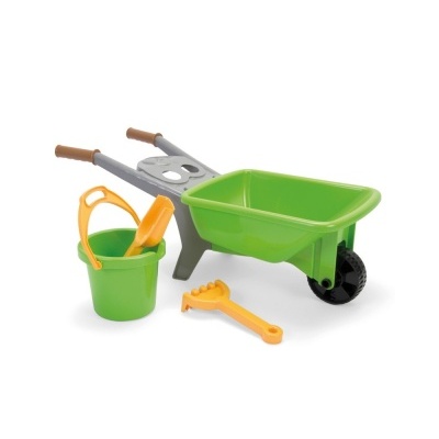 Conjunto de brinquedo carrinho de mão, balde, pá e ancinho em plástico colorido