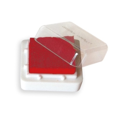 Almofada de carimbo vermelha com base branca e tampa transparente
