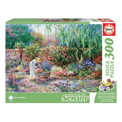 Caixa de puzzle com imagem de jardim florido e mulher a apanhar flores