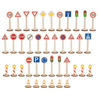 Mini sinais de trânsito de madeira coloridos em suportes