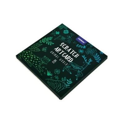 Caixa preta de produto Scratch Art Card com desenhos de animais verdes e azuis