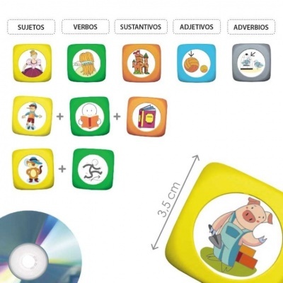 Ícones coloridos quadrados com imagens de personagens e objetos marcados por categorias em espanhol sobre fundo branco, medindo 3,5 cm.