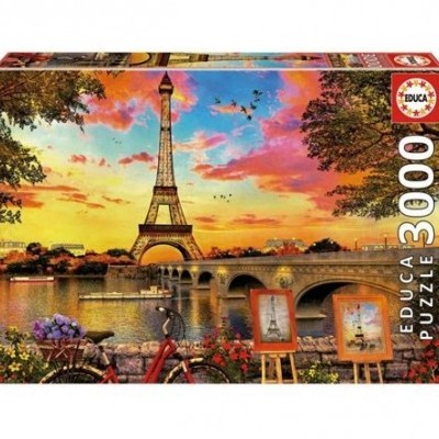 Caixa de puzzle EDUCA 3000 peças com imagem da Torre Eiffel ao pôr do sol