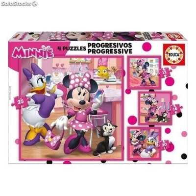 Caixa de puzzles progressivos da Minnie com personagens e cores rosa e lilás.