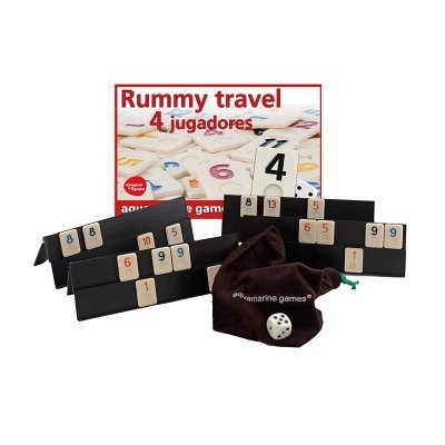 Jogo Rummy travel para 4 jogadores com tábuas negras, peças numeradas e acessórios.