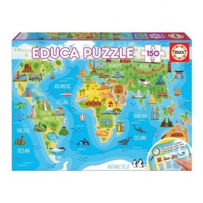 Caixa de puzzle Educa com 150 peças, mapa mundi colorido com continentes e oceanos