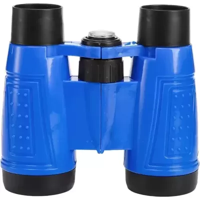 binóculos azuis e pretos de plástico com roda de ajuste central