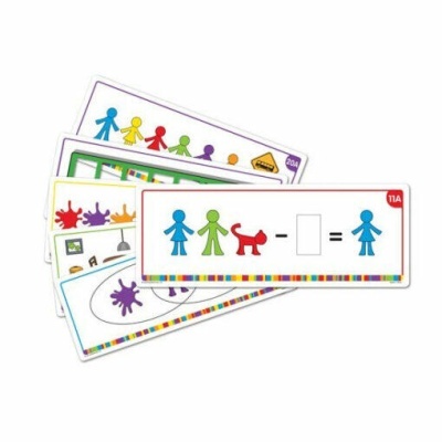 Cartas educativas com figuras coloridas de pessoas e cães, manchas de tinta e símbolos matemáticos.