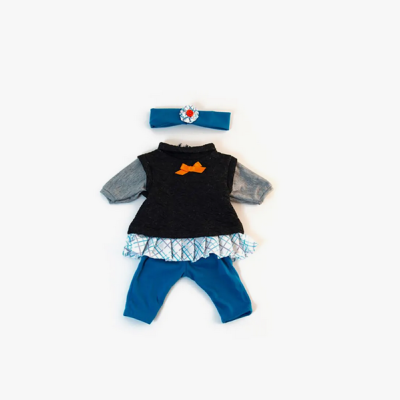 Conjunto de roupa para bebé azul, cinza e preto com laço e faixa de cabelo