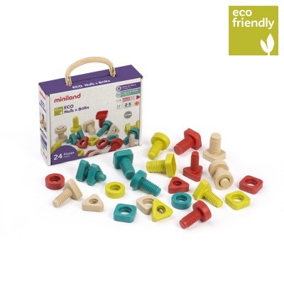 Jogo de parafusos e porcas em madeira coloridos com caixa roxa e selo eco friendly