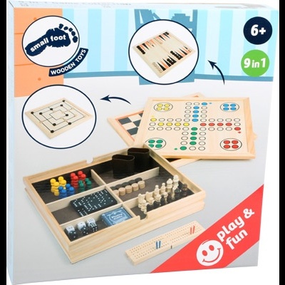 Conjunto de jogos de tabuleiro em madeira 9 em 1 com várias peças coloridas