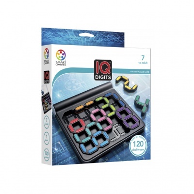 Jogo de puzzle IQ Digits com peças coloridas de números e embalagem branca e azul