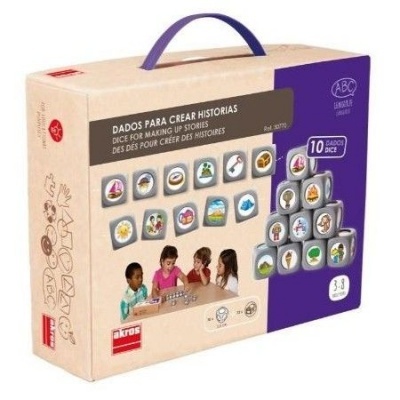 Caixa de dados para criar histórias com imagens coloridas, embalagem bege e roxa, crianças a brincar