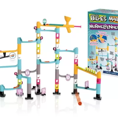 Brinquedo de corrida de bolas de vidro com estrutura modular colorida e caixa com marca e instruções.