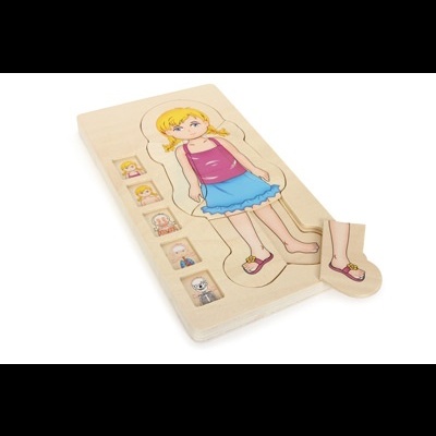 Puzzle de madeira infantil com menina e peças de roupa intercambiáveis