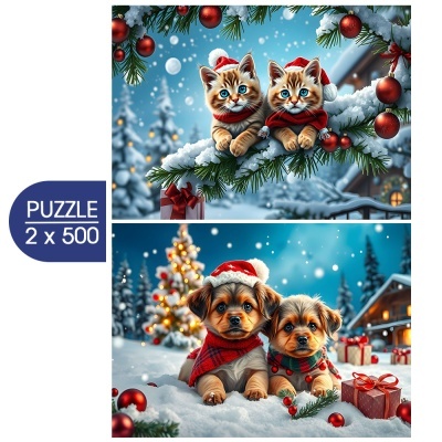 Puzzle de Natal com gatinhos e cachorrinhos em cenário de neve com decoração natalícia