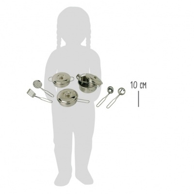 conjunto panelas e utensílios aço inoxidável prateado sobre fundo branco com escala de 10 cm