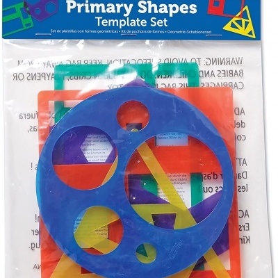 Conjunto de moldes geométricos coloridos em embalagem transparente da marca Learning Resources