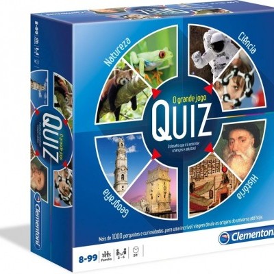 Embalagem do jogo O grande jogo QUIZ da Clementoni com temas de Natureza, Ciência, Geografia e História