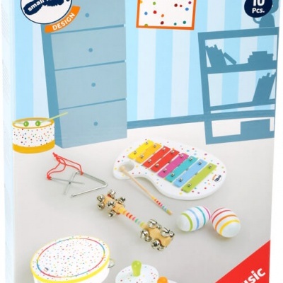 Conjunto musical infantil colorido com 10 peças e padrão de pontos coloridos