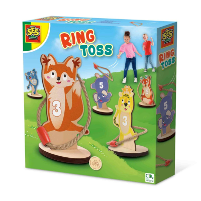 Embalagem do jogo RING TOSS com alces de madeira numerados e cordas para lançar.