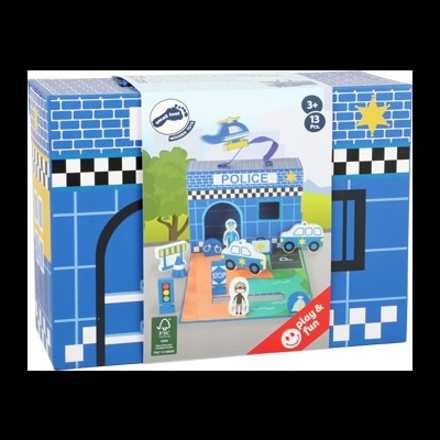 Caixa de brinquedo temática de polícia com peças ilustradas de madeira, padrão azul e branco
