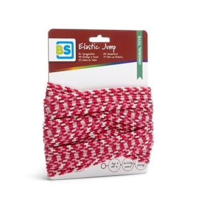Elástico tecido vermelho e branco com embalagem de cartão branco e castanho