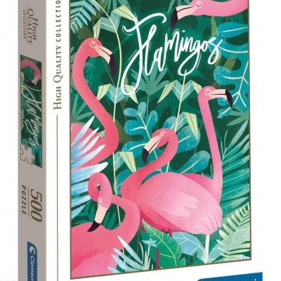 Caixa de puzzle com flamingos rosa e folhas verdes