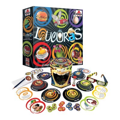 Jogo de tabuleiro Voutras com cartas, dados, óculos e recipiente decorado