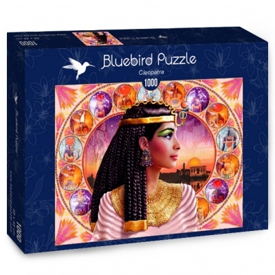 Caixa de quebra-cabeças Bluebird Puzzle Cleópatra com 1000 peças e imagem colorida de mulher egípcia com joias douradas