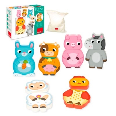 puzzle infantil com peças em forma de animais coloridos e embalagem ao fundo