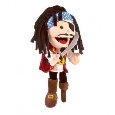 Boneco de peluche pirata com bandana azul às bolinhas e tapa-olho