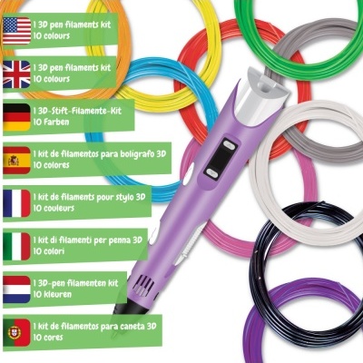 Caneta 3D roxa com filamentos coloridos e texto de kit de filamentos para caneta 3D