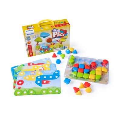Brinquedo educativo Super Pegs com peças coloridas e tabuleiros para encaixe