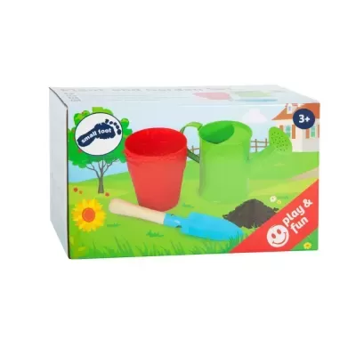 Conjunto de jardim infantil com regador, copo e pá em caixa colorida