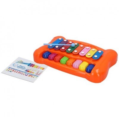 Xilofone infantil laranja com teclas coloridas e cartão