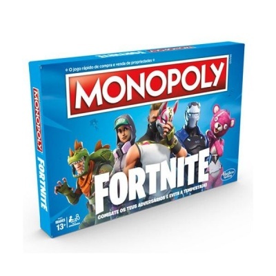 Caixa azul do jogo de tabuleiro Monopoly Fortnite com personagens coloridos