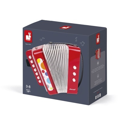 Acordeão infantil vermelho Janod em embalagem cinza escuro