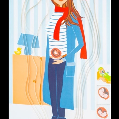 Ilustração de mulher grávida a organizar donuts com fundo com riscas azuis e brancas