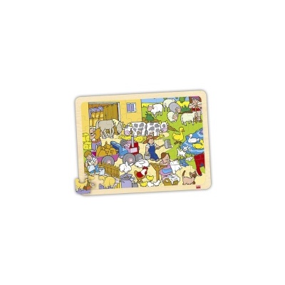 Quebra-cabeças infantil de madeira com cena de quinta e animais coloridos.