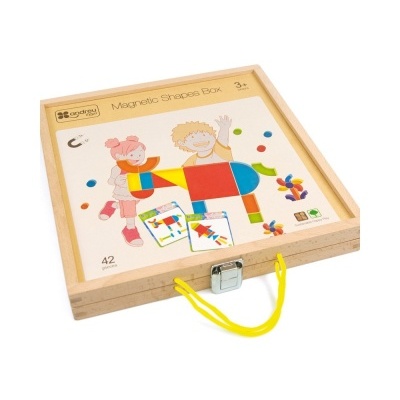 Caixa de madeira com formas magnéticas coloridas para crianças