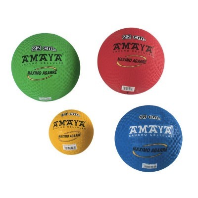 Bolas coloridas AMAYA de borracha com tamanhos 18 cm e 22 cm, texto Máximo Agarre.