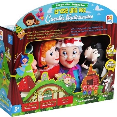 Conjunto de teatro de marionetas infantil com marionetas e embalagem colorida de cartão