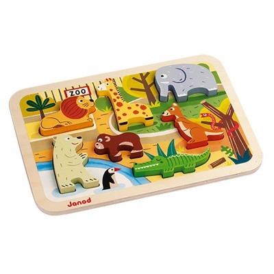 Puzzle infantil de madeira com peças de animais do zoológico e fundo ilustrado