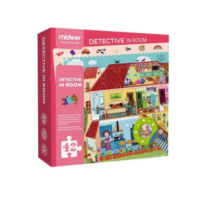 Caixa de puzzle colorida 'DETECTIVE IN ROOM' da marca mideer com 42 peças
